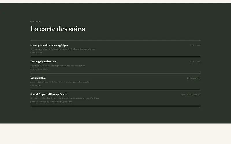 La carte des soins et des prix de l'Institut Aubelle, après reconstruction