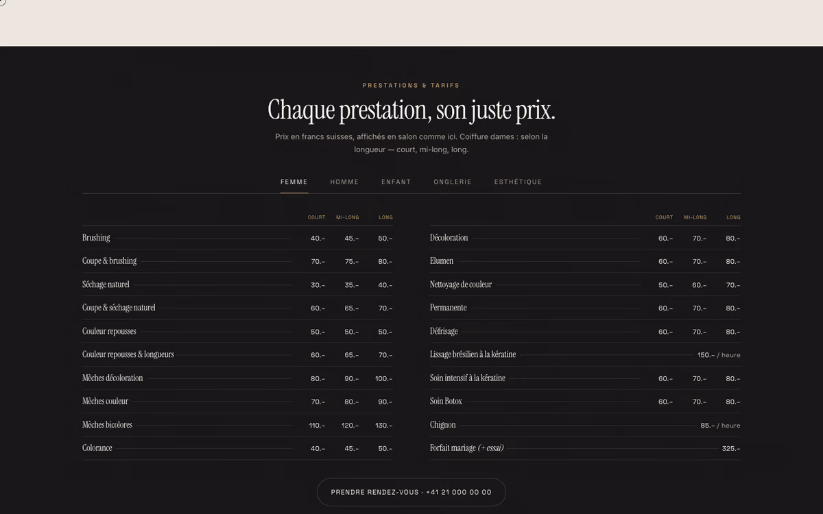 La carte des prestations et des tarifs du Salon Sévelin, après reconstruction