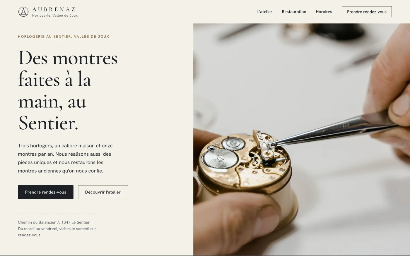 Site d’horloger Aubrenaz après refonte, présentation claire et soignée