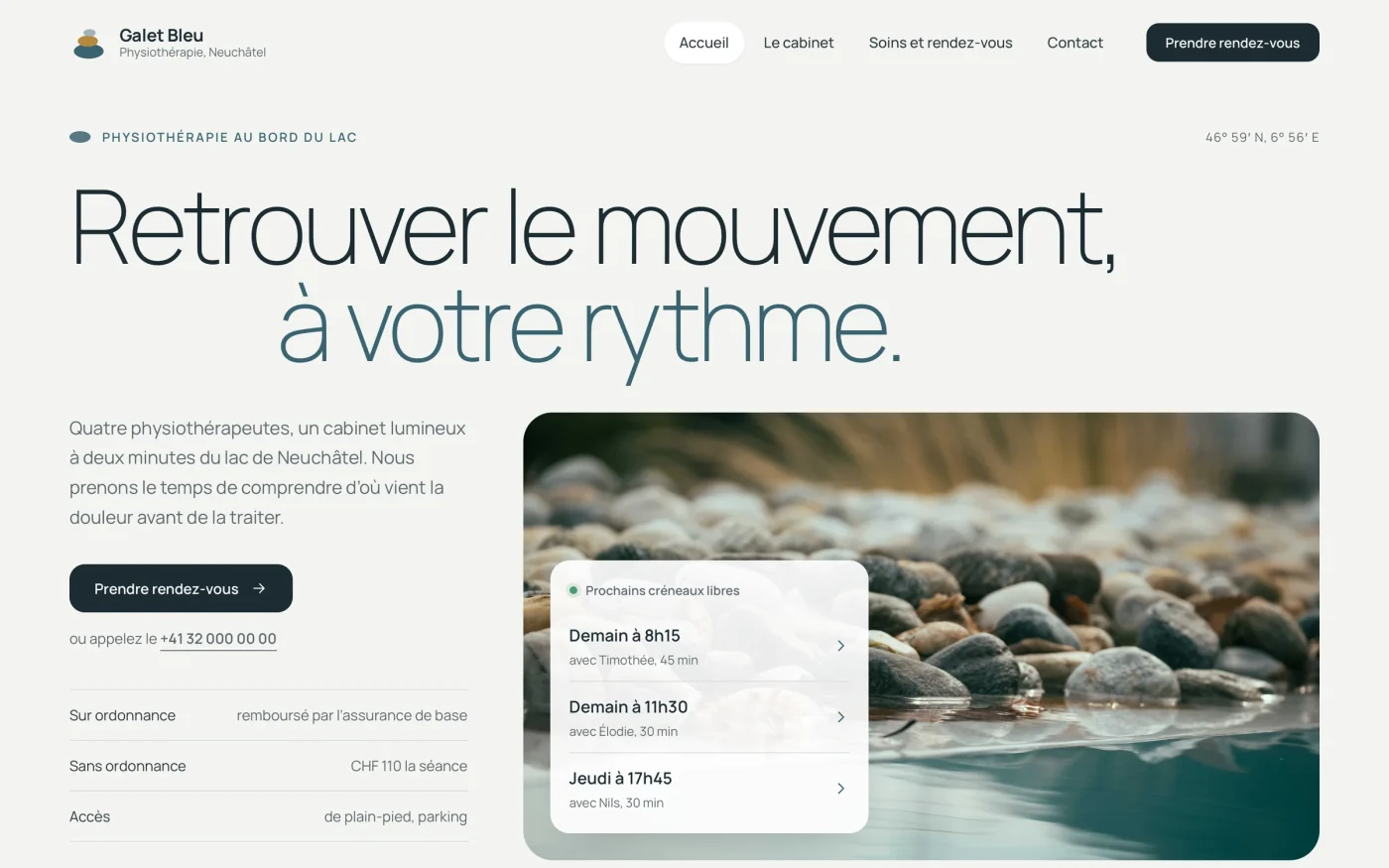 Concept de site pour Physio Galet Bleu, physiothérapie