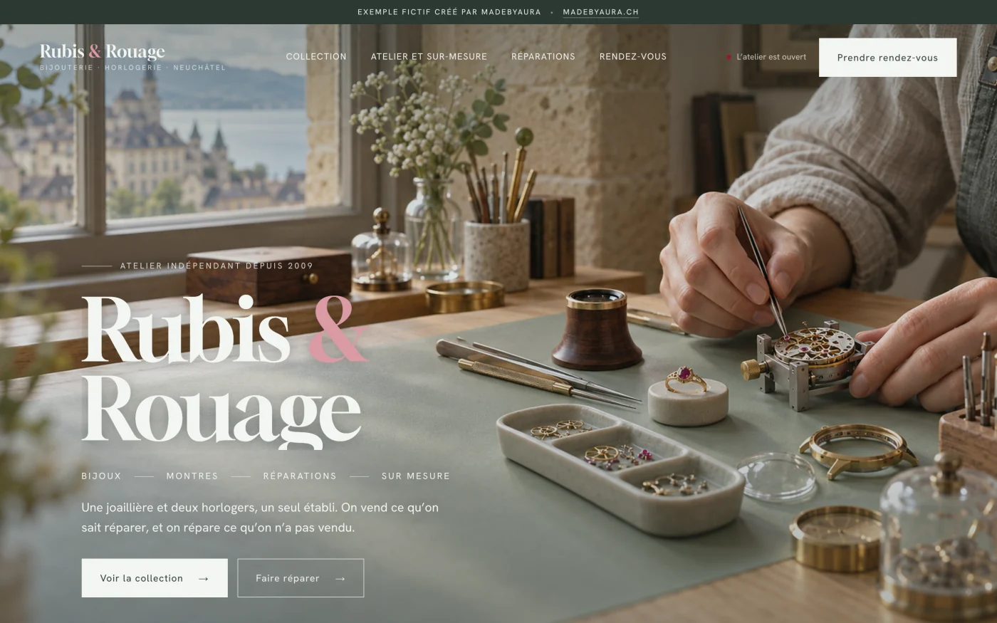 Site d’horloger-bijoutier Rubis & Rouage après refonte, grande image d’accueil et présentation soignée