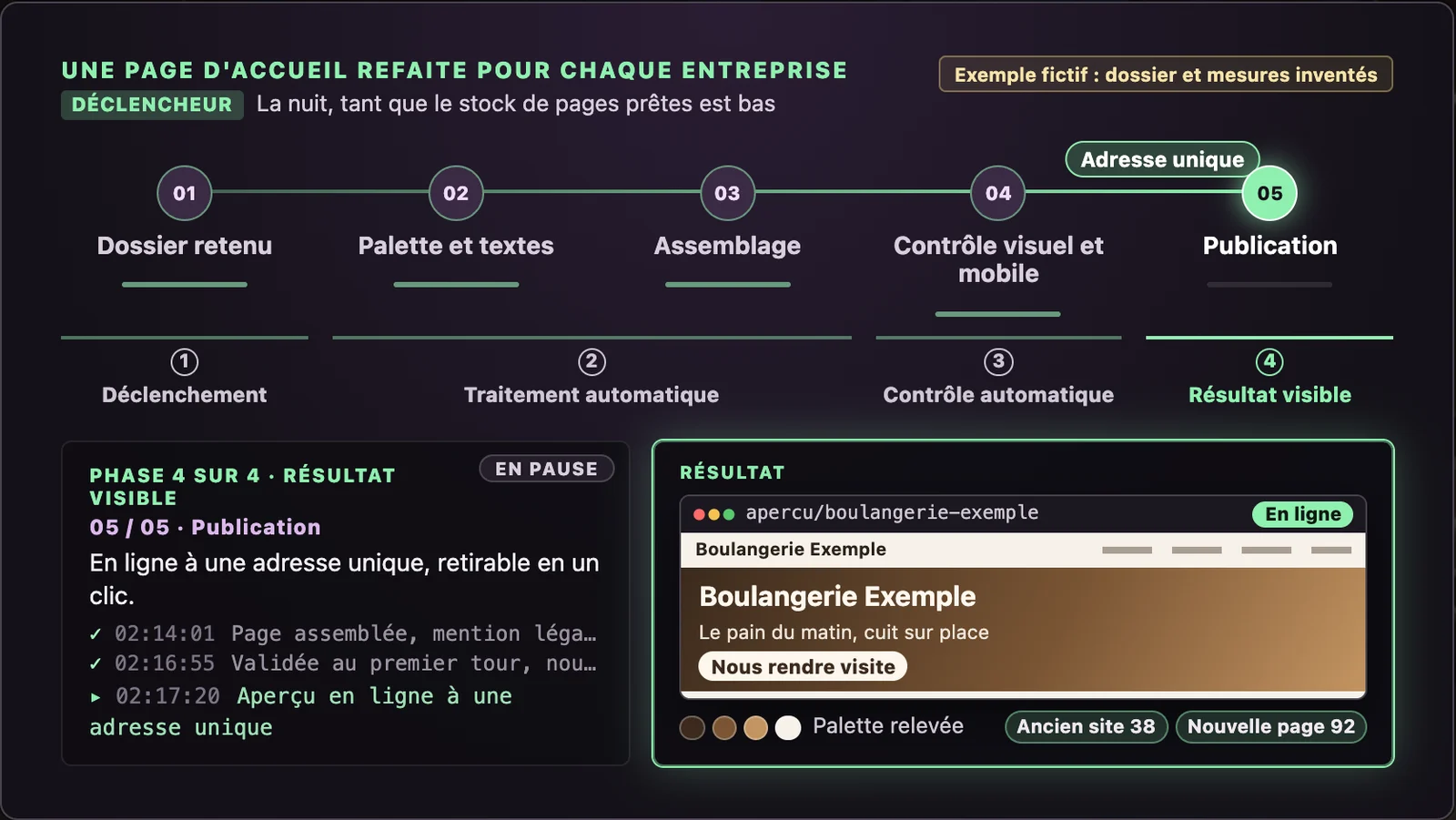 Création automatisée de sites, le système en action tel qu'il s'anime dans la visite
