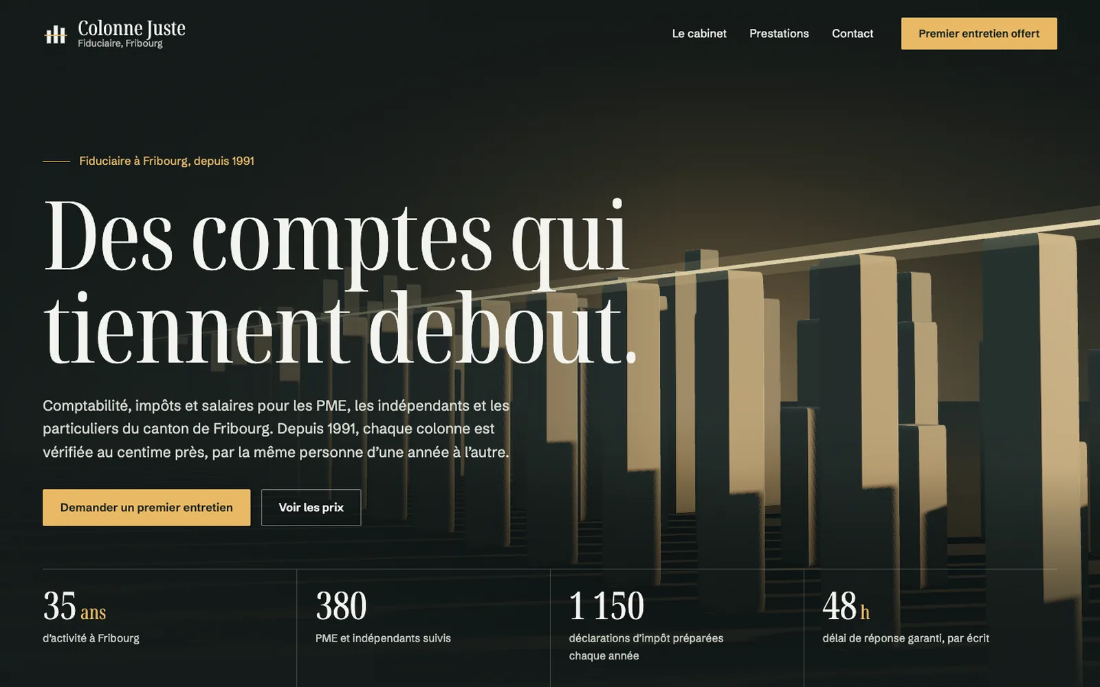 Vue « Accueil » de la refonte de Colonne Juste, entreprise fictive (fiduciaire, Fribourg)