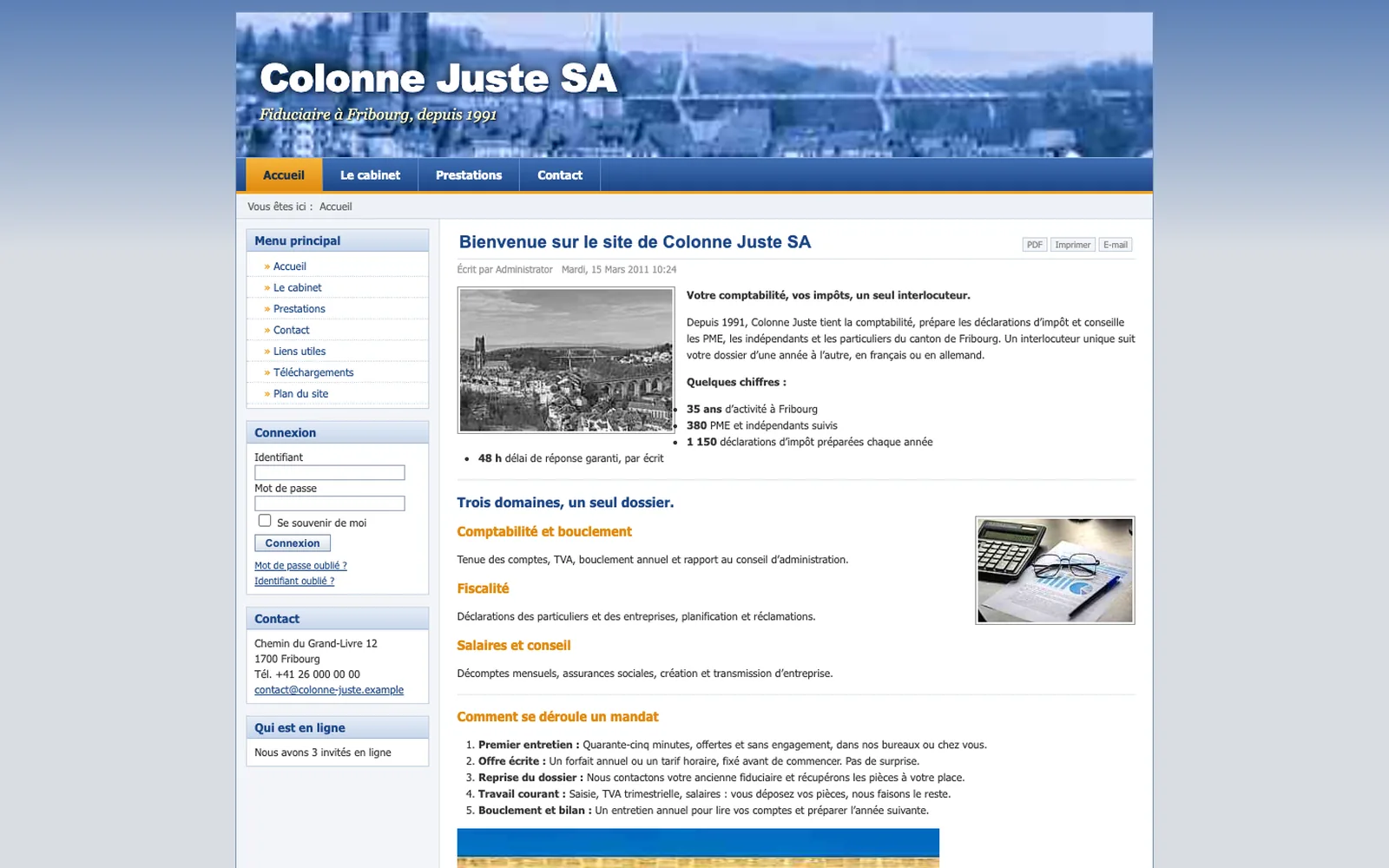 Vue « Accueil » du site d'origine inventé pour Colonne Juste, entreprise fictive (fiduciaire, Fribourg)