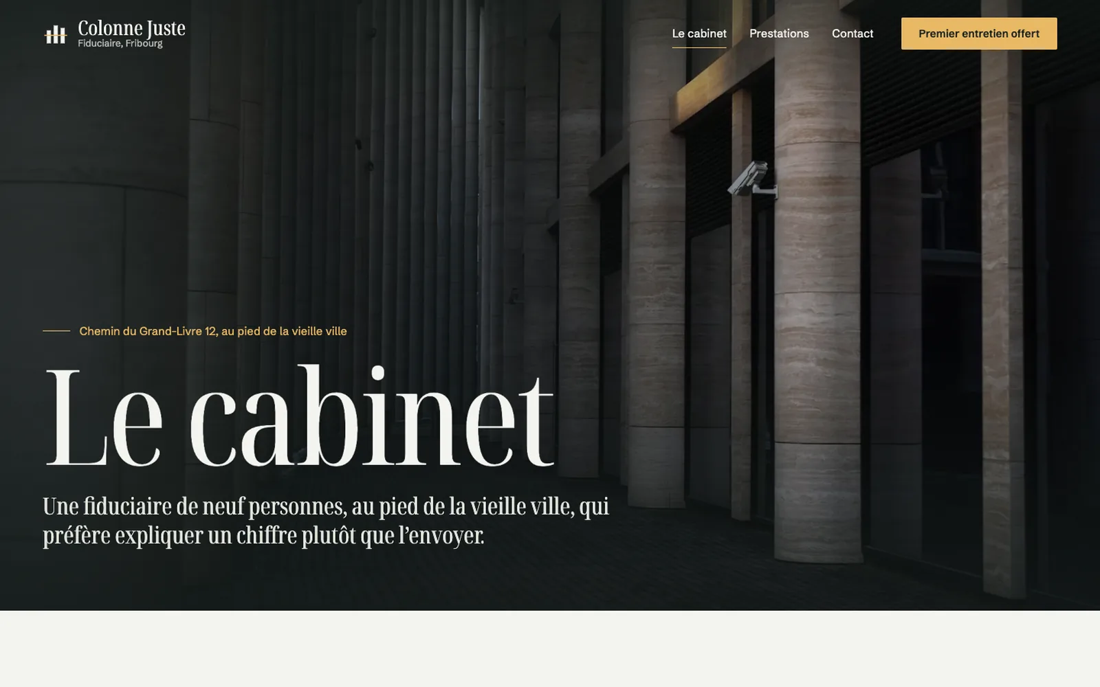 Vue « Présentation » de la refonte de Colonne Juste, entreprise fictive (fiduciaire, Fribourg)