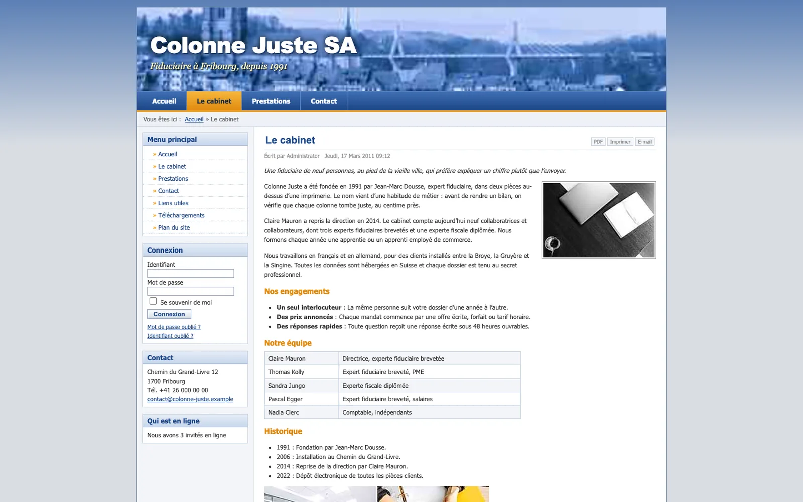 Vue « Présentation » du site d'origine inventé pour Colonne Juste, entreprise fictive (fiduciaire, Fribourg)
