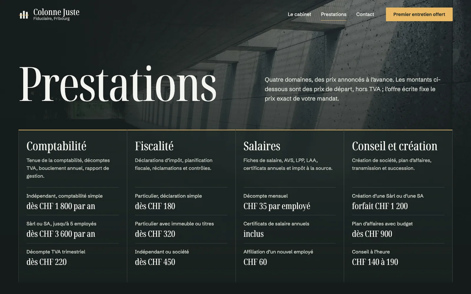 Vue « Prestations » de la refonte de Colonne Juste, entreprise fictive (fiduciaire, Fribourg)
