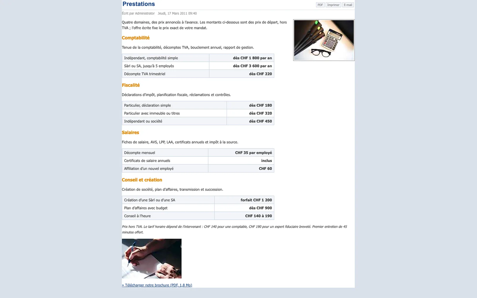 Vue « Prestations » du site d'origine inventé pour Colonne Juste, entreprise fictive (fiduciaire, Fribourg)