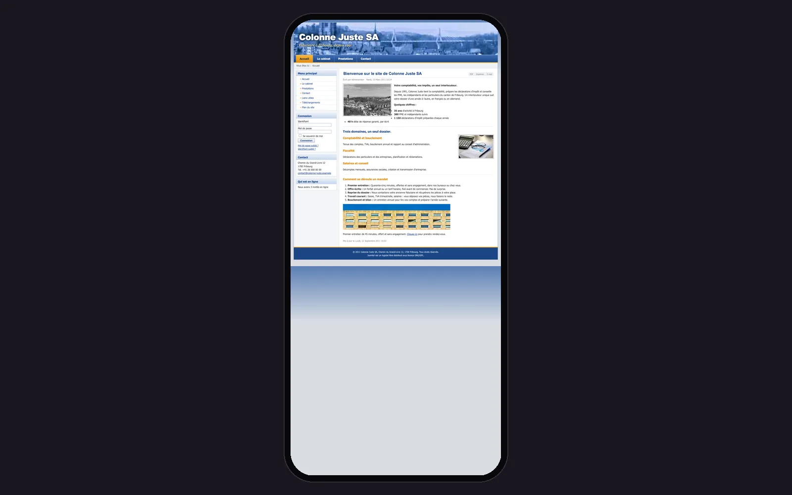 Vue « Accueil sur téléphone » du site d'origine inventé pour Colonne Juste, entreprise fictive (fiduciaire, Fribourg), dans un cadre de téléphone
