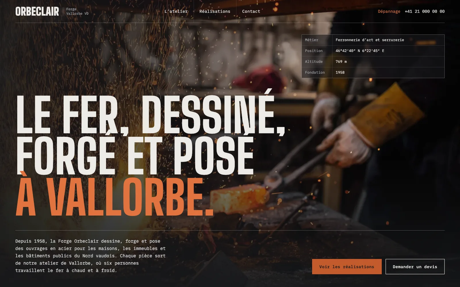 Vue « Accueil » de la refonte de Forge Orbeclair, entreprise fictive (atelier de ferronnerie d'art et serrurerie, Vallorbe)