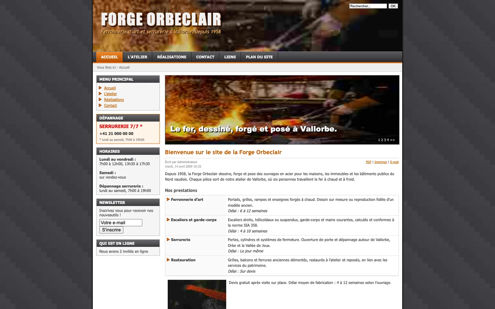 Vue « Accueil » du site d'origine inventé pour Forge Orbeclair, entreprise fictive (atelier de ferronnerie d'art et serrurerie, Vallorbe)