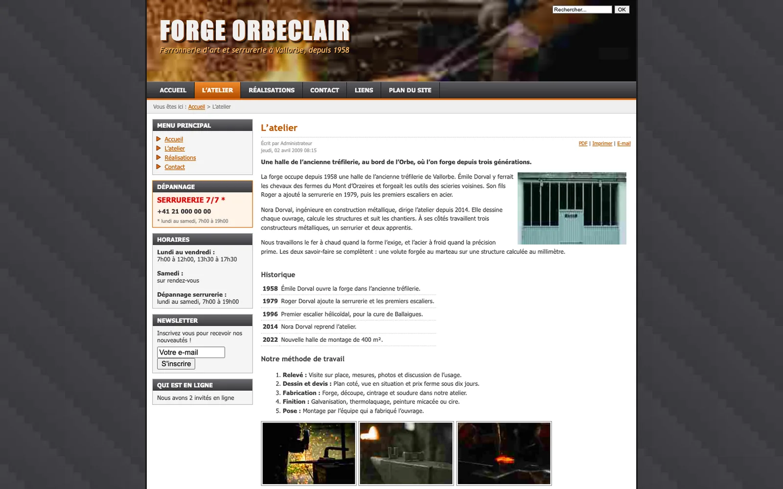 Vue « Présentation » du site d'origine inventé pour Forge Orbeclair, entreprise fictive (atelier de ferronnerie d'art et serrurerie, Vallorbe)