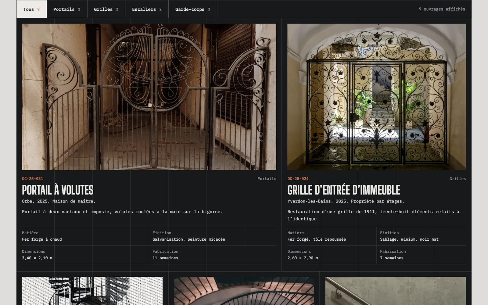 Vue « Réalisations » de la refonte de Forge Orbeclair, entreprise fictive (atelier de ferronnerie d'art et serrurerie, Vallorbe)