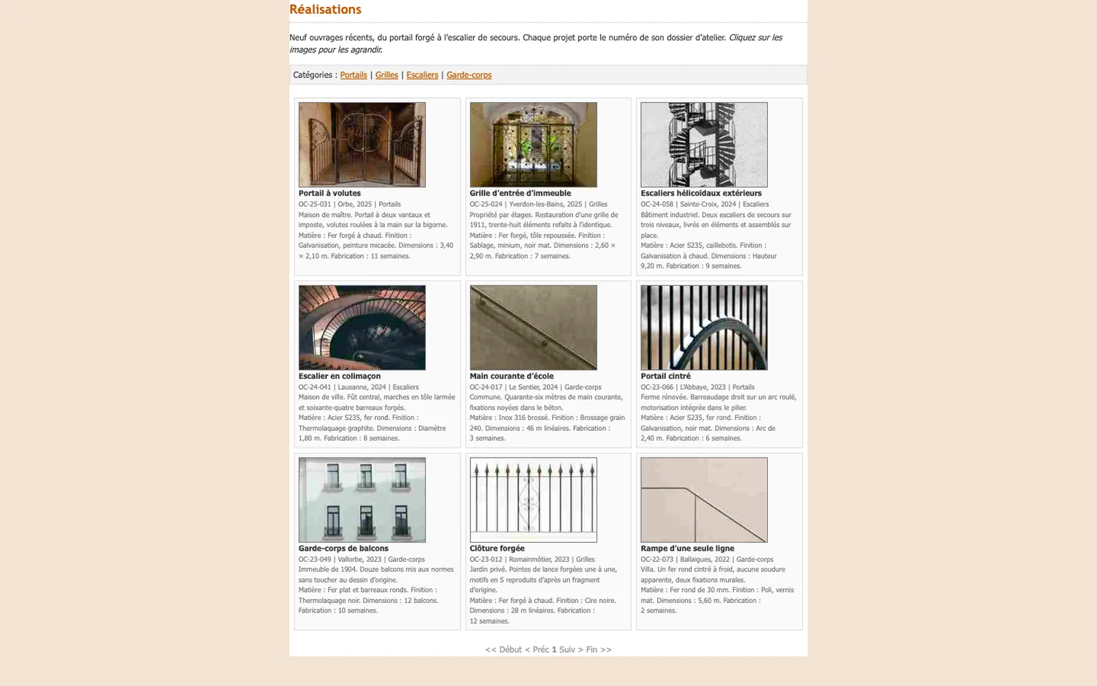 Vue « Réalisations » du site d'origine inventé pour Forge Orbeclair, entreprise fictive (atelier de ferronnerie d'art et serrurerie, Vallorbe)