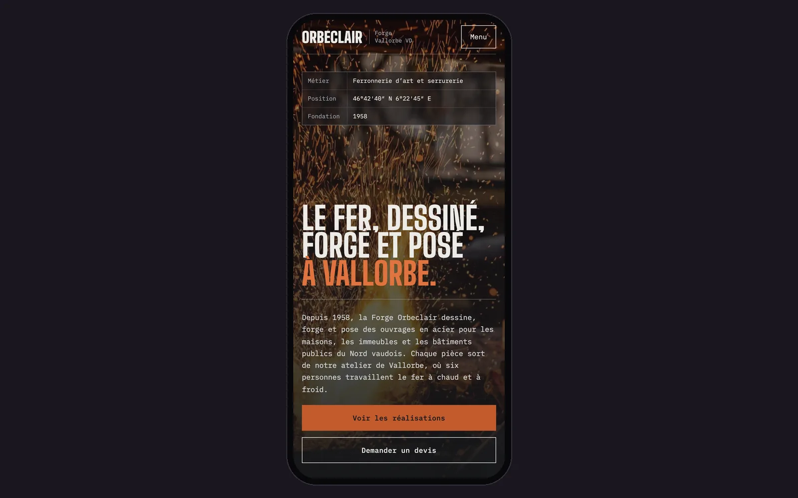 Vue « Accueil sur téléphone » de la refonte de Forge Orbeclair, entreprise fictive (atelier de ferronnerie d'art et serrurerie, Vallorbe), dans un cadre de téléphone