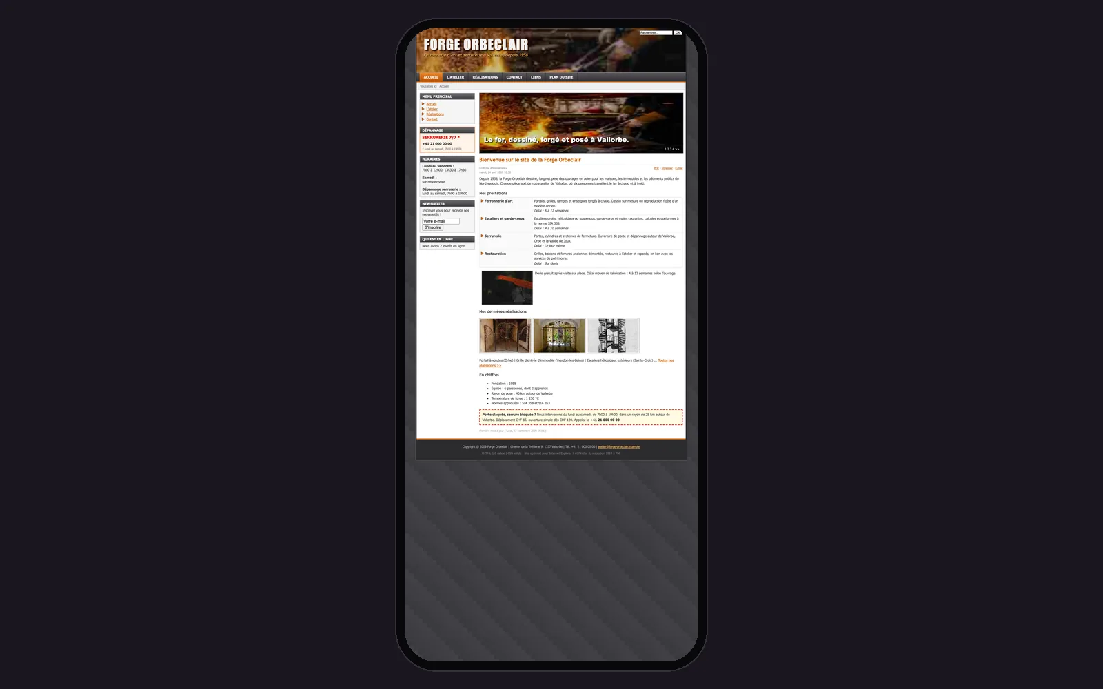 Vue « Accueil sur téléphone » du site d'origine inventé pour Forge Orbeclair, entreprise fictive (atelier de ferronnerie d'art et serrurerie, Vallorbe), dans un cadre de téléphone