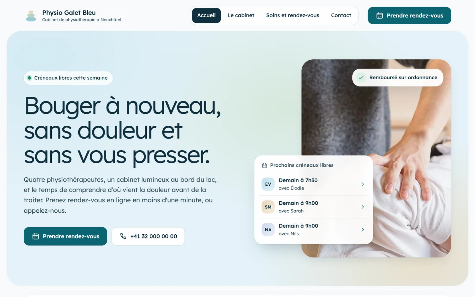 Vue « Accueil » de la refonte de Physio Galet Bleu, entreprise fictive (physiothérapie, Neuchâtel)