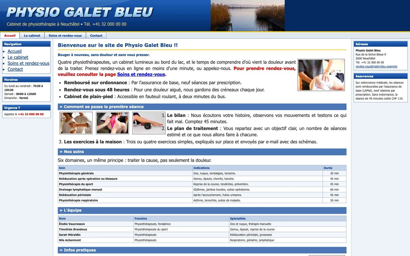 Vue « Accueil » du site d'origine inventé pour Physio Galet Bleu, entreprise fictive (physiothérapie, Neuchâtel)