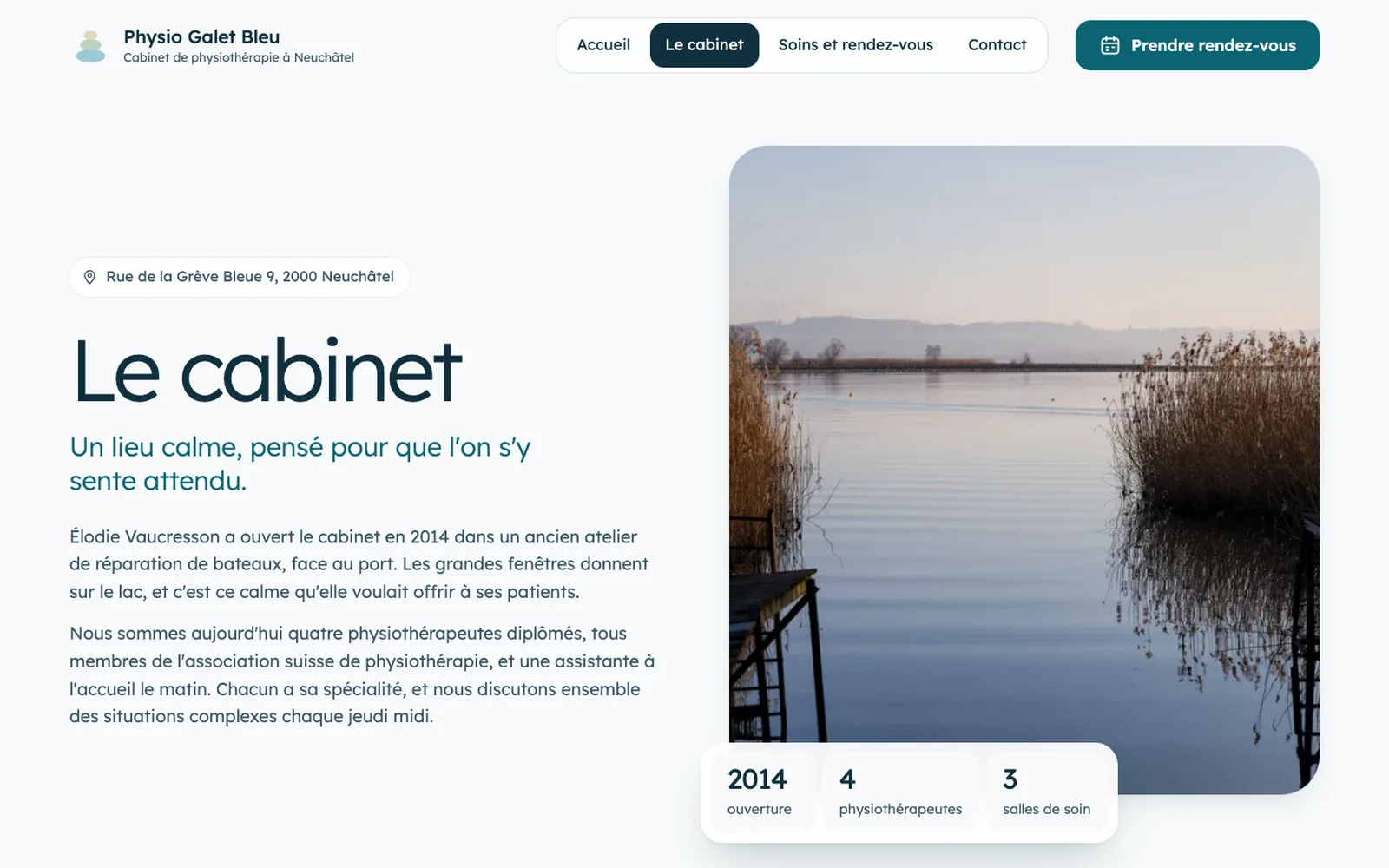 Vue « Présentation » de la refonte de Physio Galet Bleu, entreprise fictive (physiothérapie, Neuchâtel)