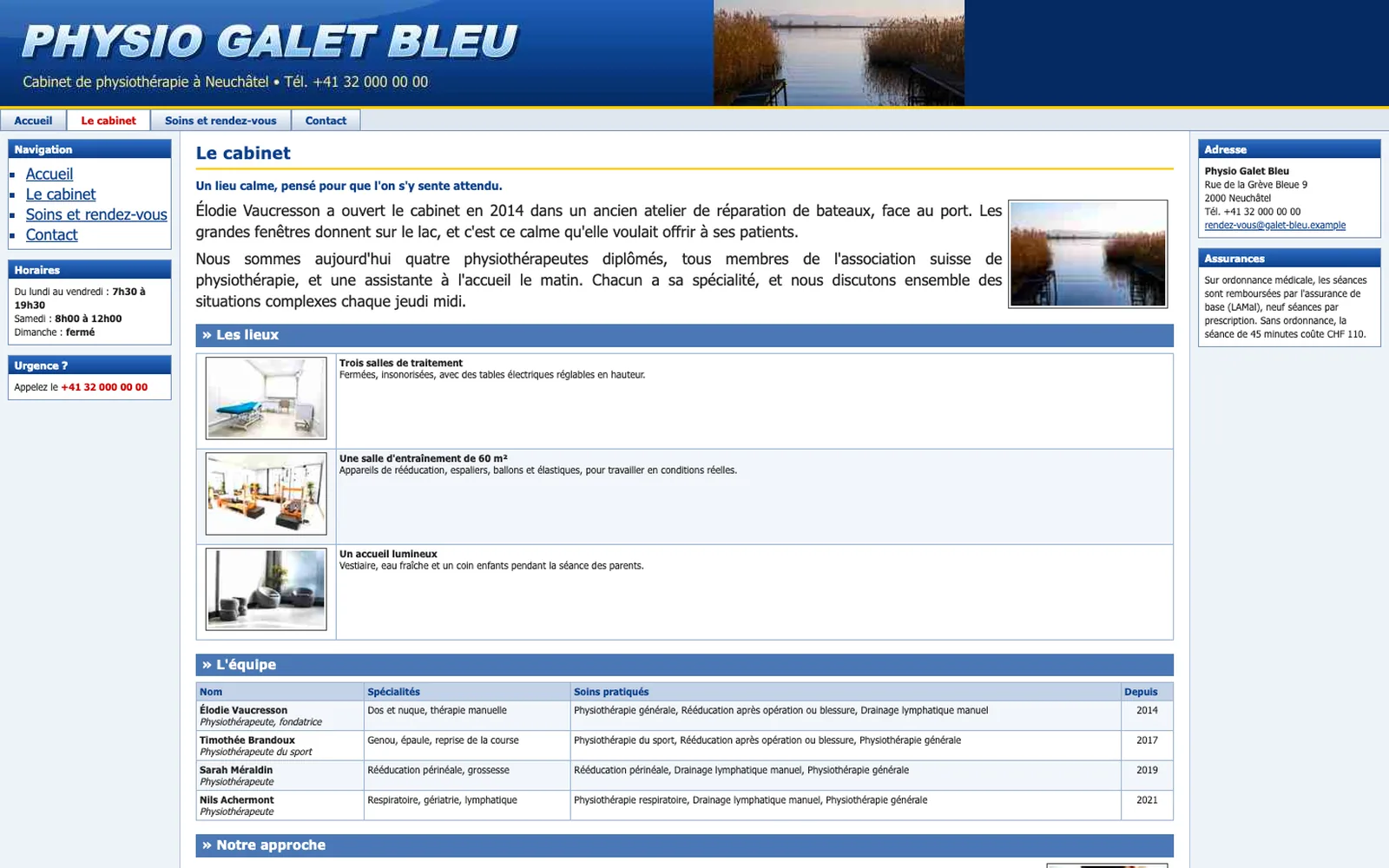 Vue « Présentation » du site d'origine inventé pour Physio Galet Bleu, entreprise fictive (physiothérapie, Neuchâtel)