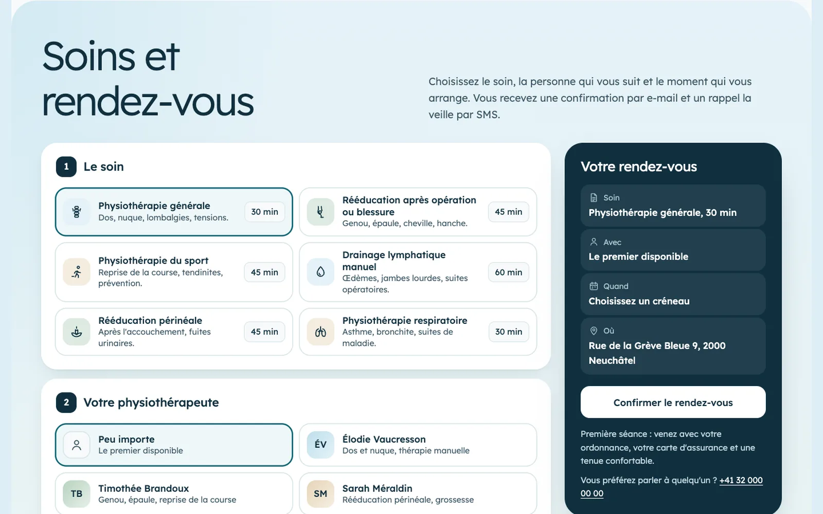 Vue « Soins et rendez-vous » de la refonte de Physio Galet Bleu, entreprise fictive (physiothérapie, Neuchâtel)