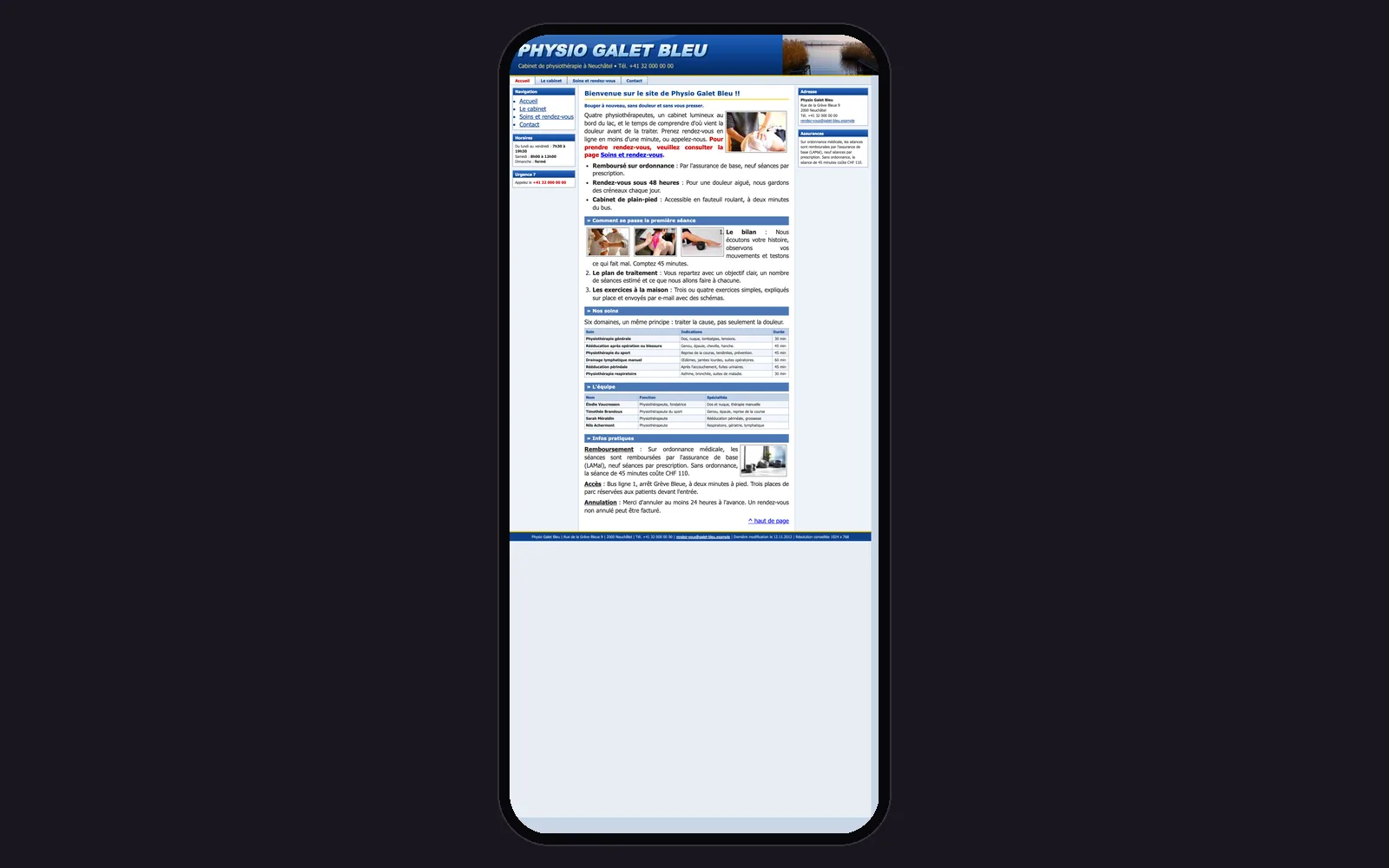 Vue « Accueil sur téléphone » du site d'origine inventé pour Physio Galet Bleu, entreprise fictive (physiothérapie, Neuchâtel), dans un cadre de téléphone