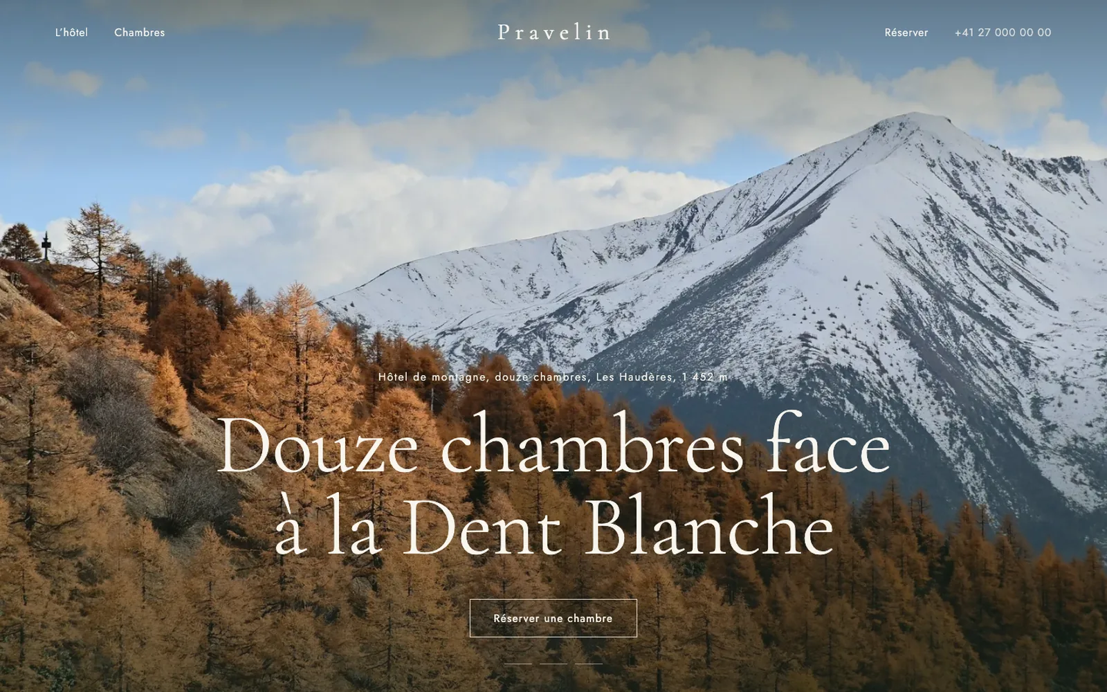 Vue « Accueil » de la refonte de Hôtel Pravelin, entreprise fictive (hôtel boutique de montagne, Les Haudères)