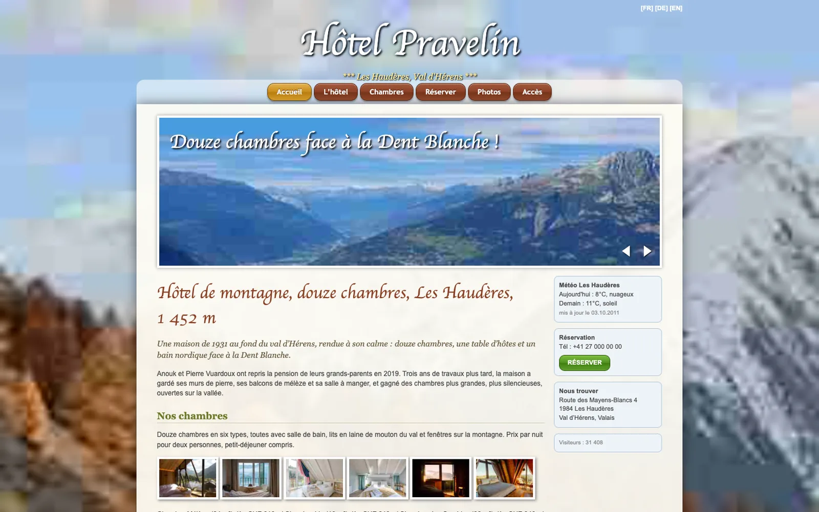 Vue « Accueil » du site d'origine inventé pour Hôtel Pravelin, entreprise fictive (hôtel boutique de montagne, Les Haudères)