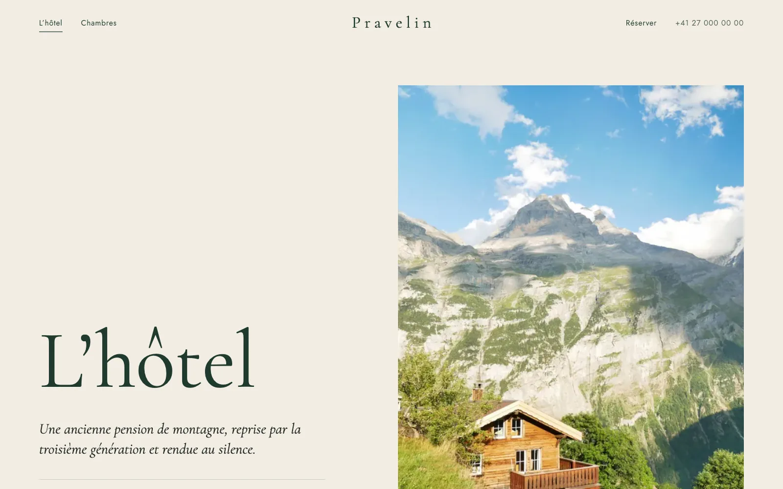 Vue « Présentation » de la refonte de Hôtel Pravelin, entreprise fictive (hôtel boutique de montagne, Les Haudères)
