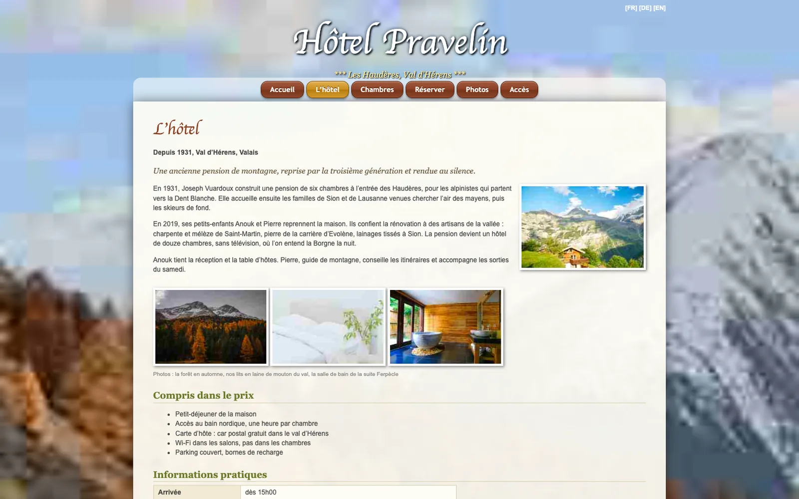 Vue « Présentation » du site d'origine inventé pour Hôtel Pravelin, entreprise fictive (hôtel boutique de montagne, Les Haudères)