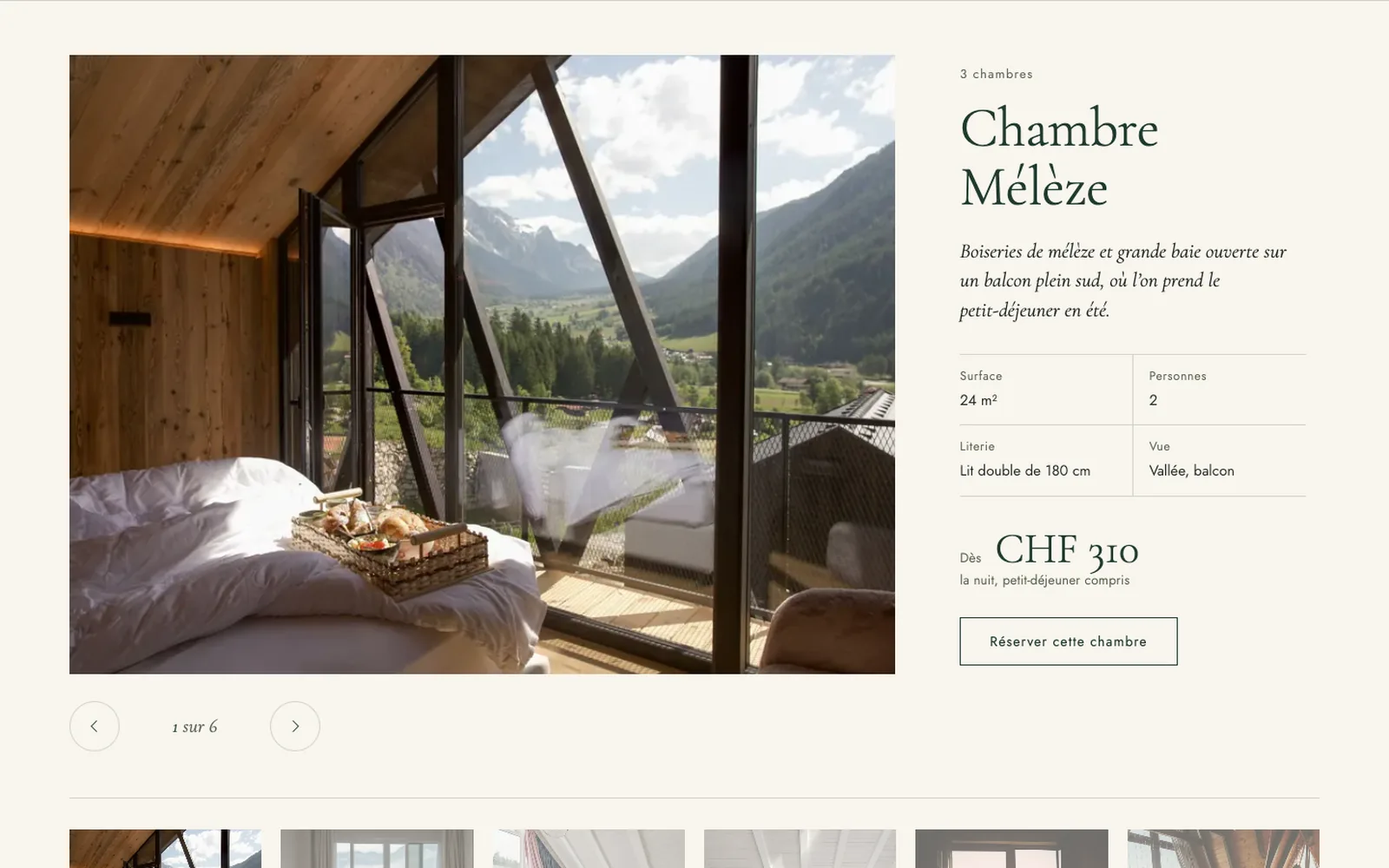 Vue « Chambres » de la refonte de Hôtel Pravelin, entreprise fictive (hôtel boutique de montagne, Les Haudères)