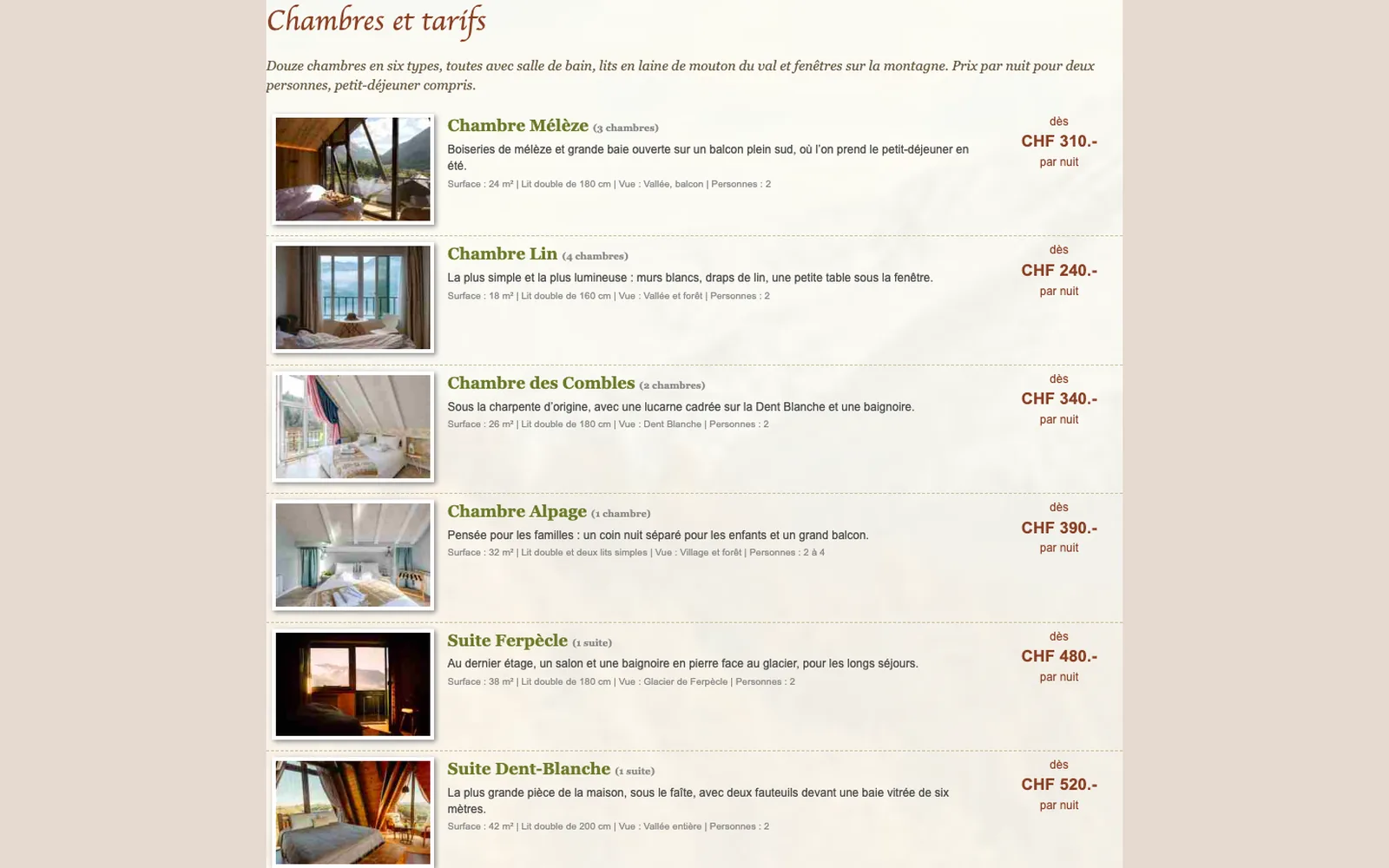 Vue « Chambres » du site d'origine inventé pour Hôtel Pravelin, entreprise fictive (hôtel boutique de montagne, Les Haudères)