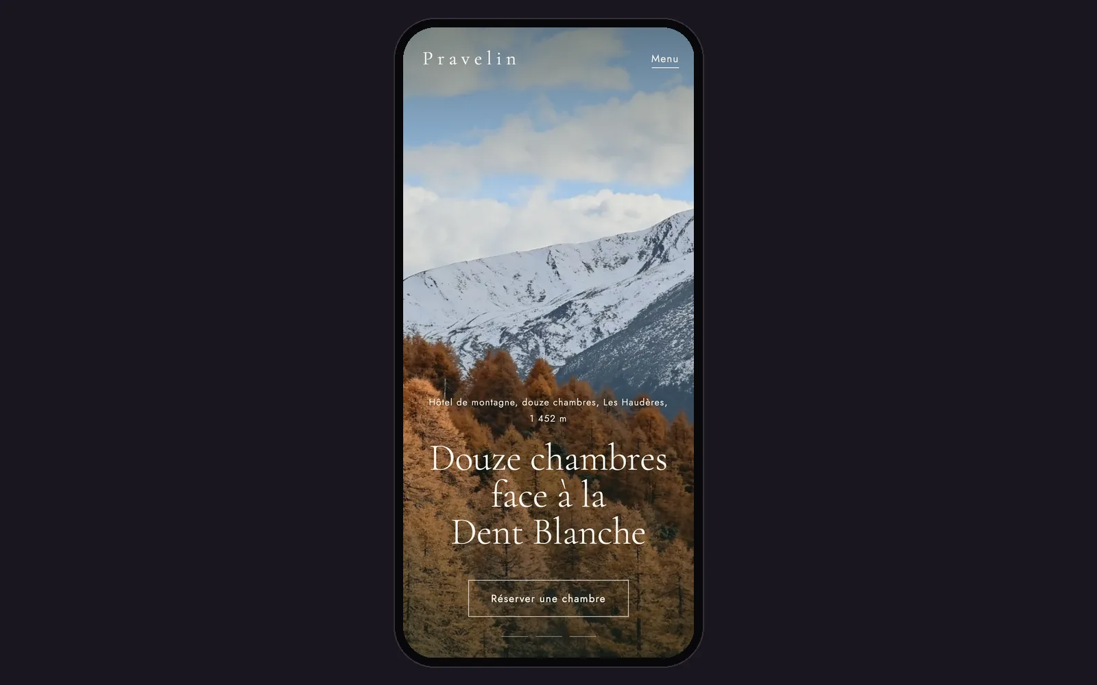 Vue « Accueil sur téléphone » de la refonte de Hôtel Pravelin, entreprise fictive (hôtel boutique de montagne, Les Haudères), dans un cadre de téléphone