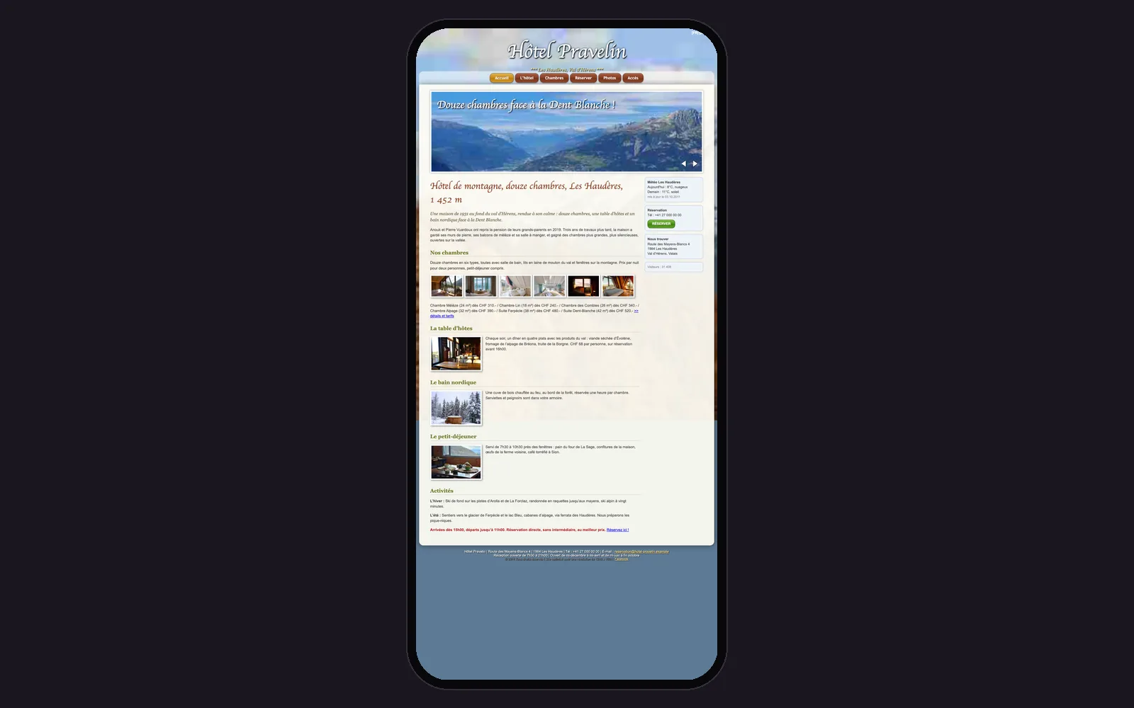 Vue « Accueil sur téléphone » du site d'origine inventé pour Hôtel Pravelin, entreprise fictive (hôtel boutique de montagne, Les Haudères), dans un cadre de téléphone
