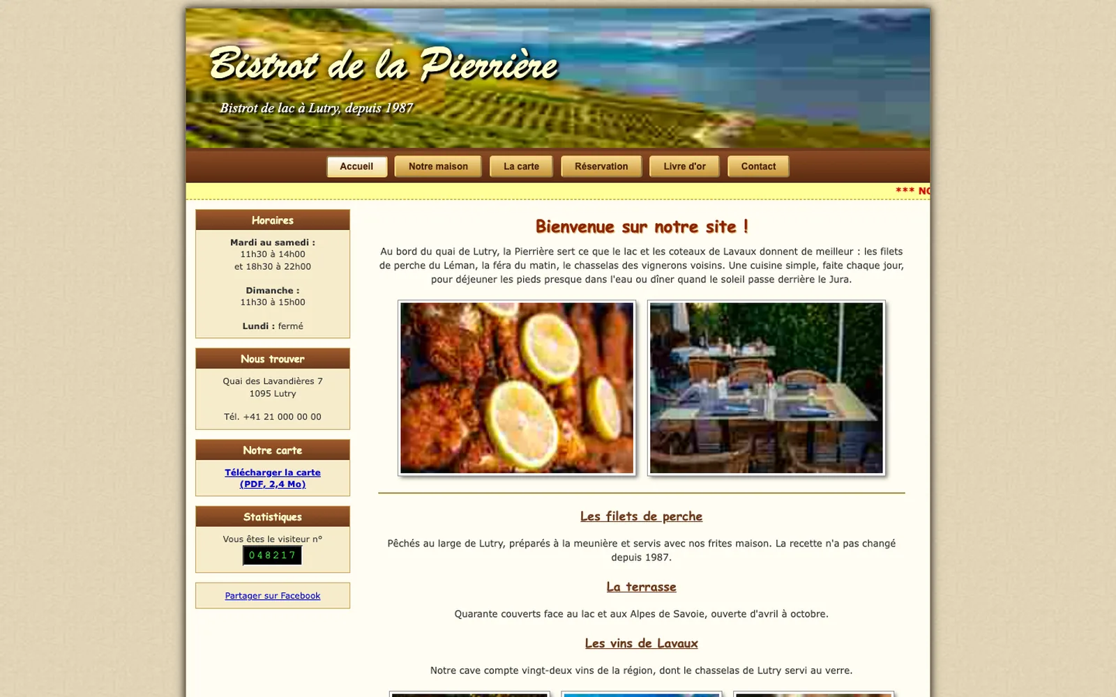 Vue « Accueil » du site d'origine inventé pour Bistrot de la Pierrière, entreprise fictive (restaurant, Lutry)