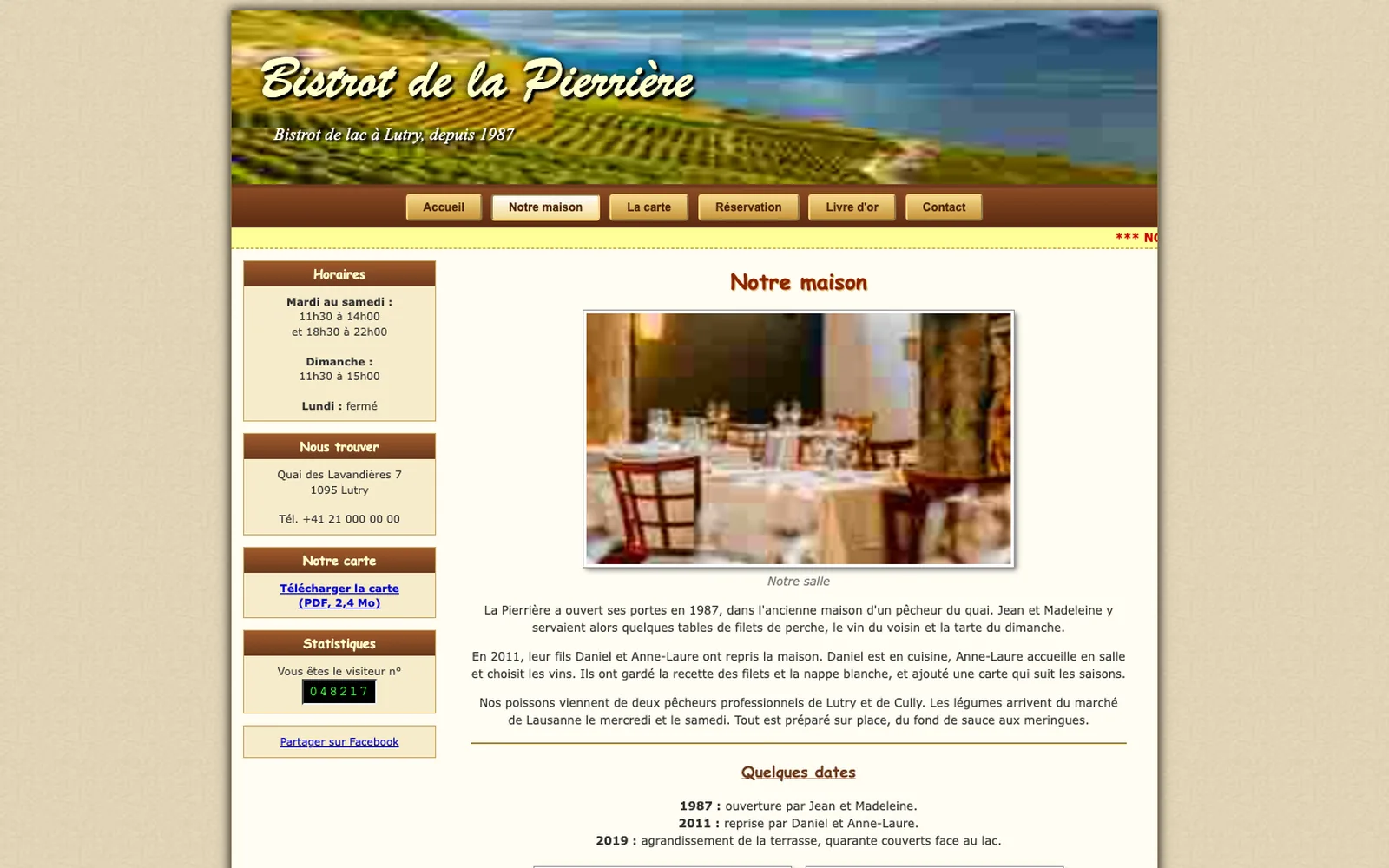 Vue « Présentation » du site d'origine inventé pour Bistrot de la Pierrière, entreprise fictive (restaurant, Lutry)