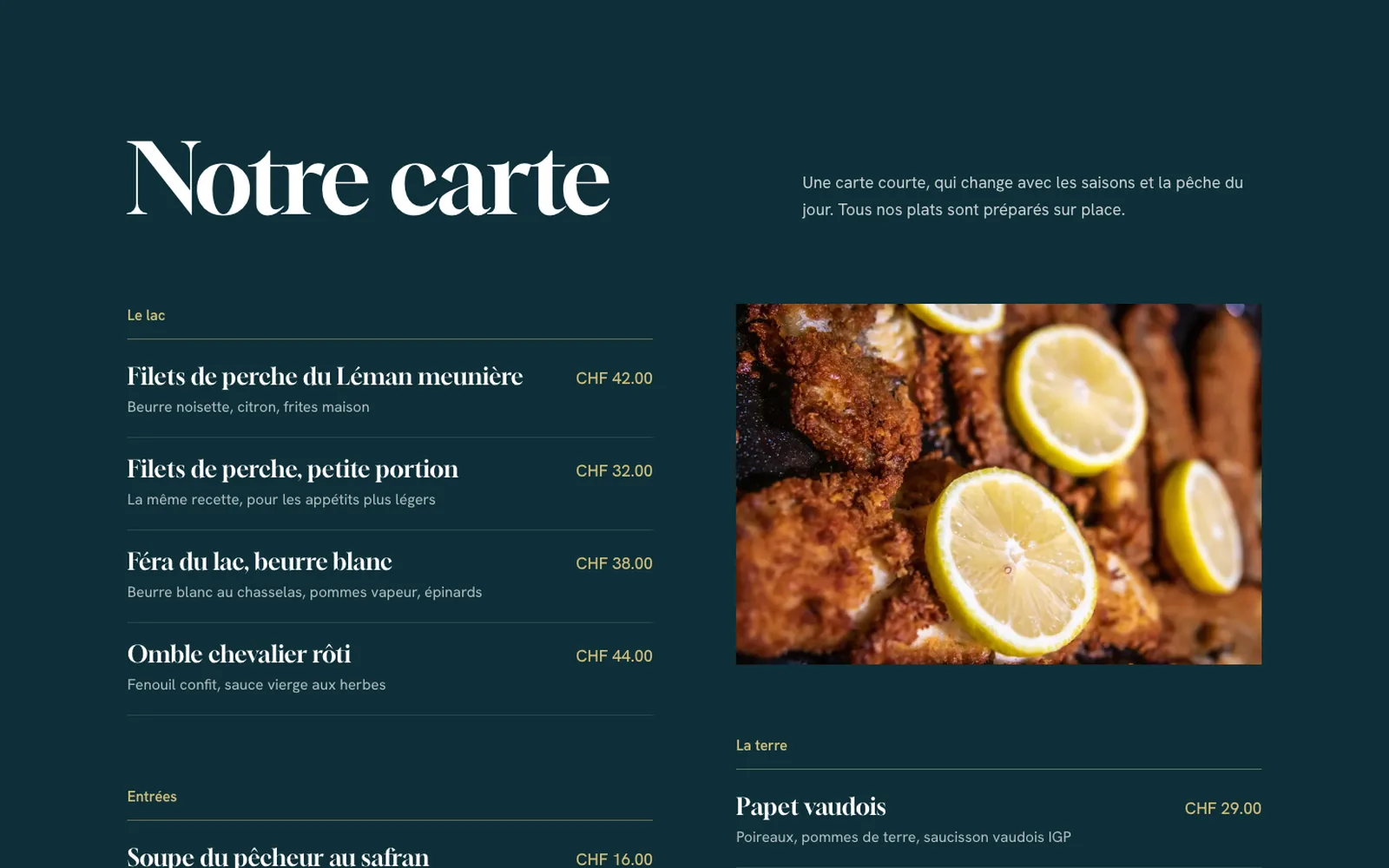 Vue « La carte » de la refonte de Bistrot de la Pierrière, entreprise fictive (restaurant, Lutry)