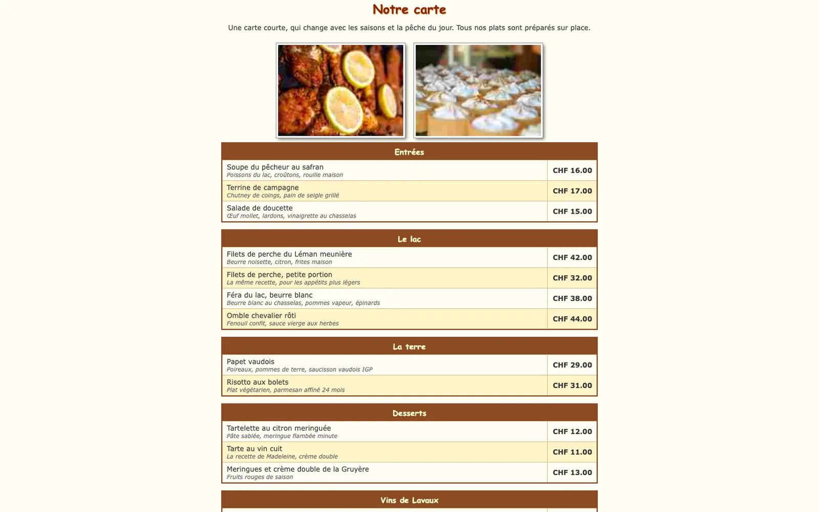 Vue « La carte » du site d'origine inventé pour Bistrot de la Pierrière, entreprise fictive (restaurant, Lutry)