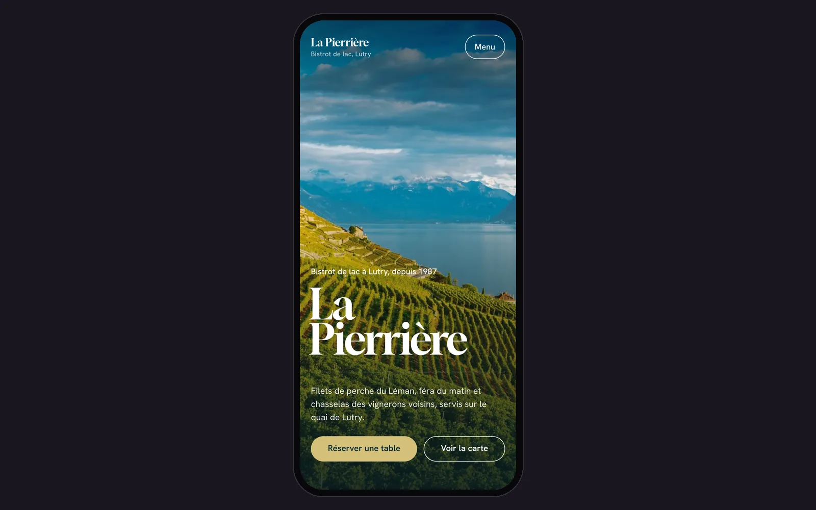 Vue « Accueil sur téléphone » de la refonte de Bistrot de la Pierrière, entreprise fictive (restaurant, Lutry), dans un cadre de téléphone