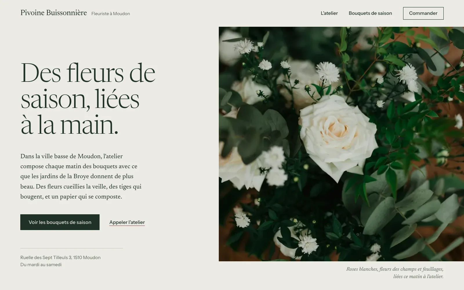 Vue « Accueil » de la refonte de Pivoine Buissonnière, entreprise fictive (fleuriste, Moudon)