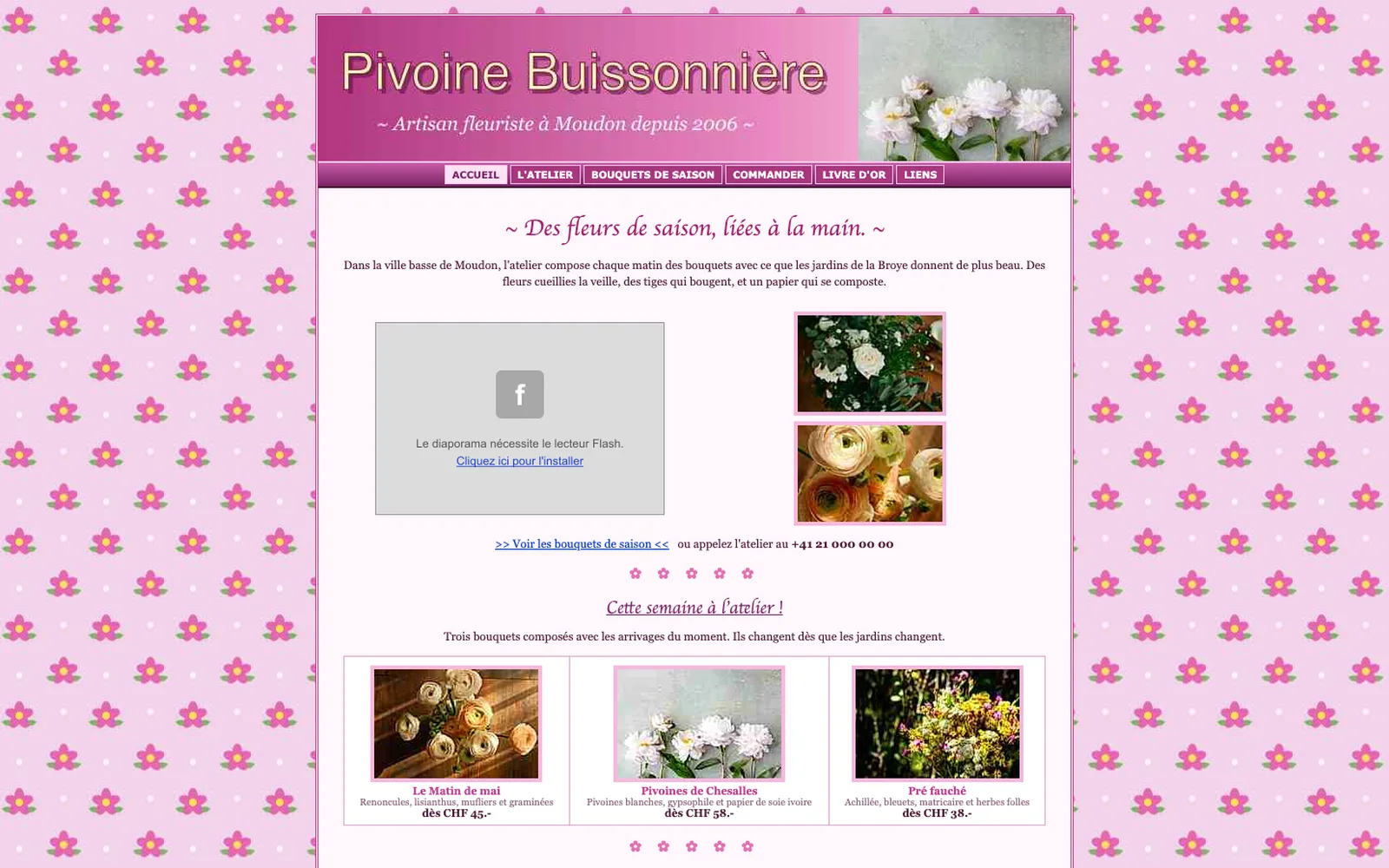 Vue « Accueil » du site d'origine inventé pour Pivoine Buissonnière, entreprise fictive (fleuriste, Moudon)