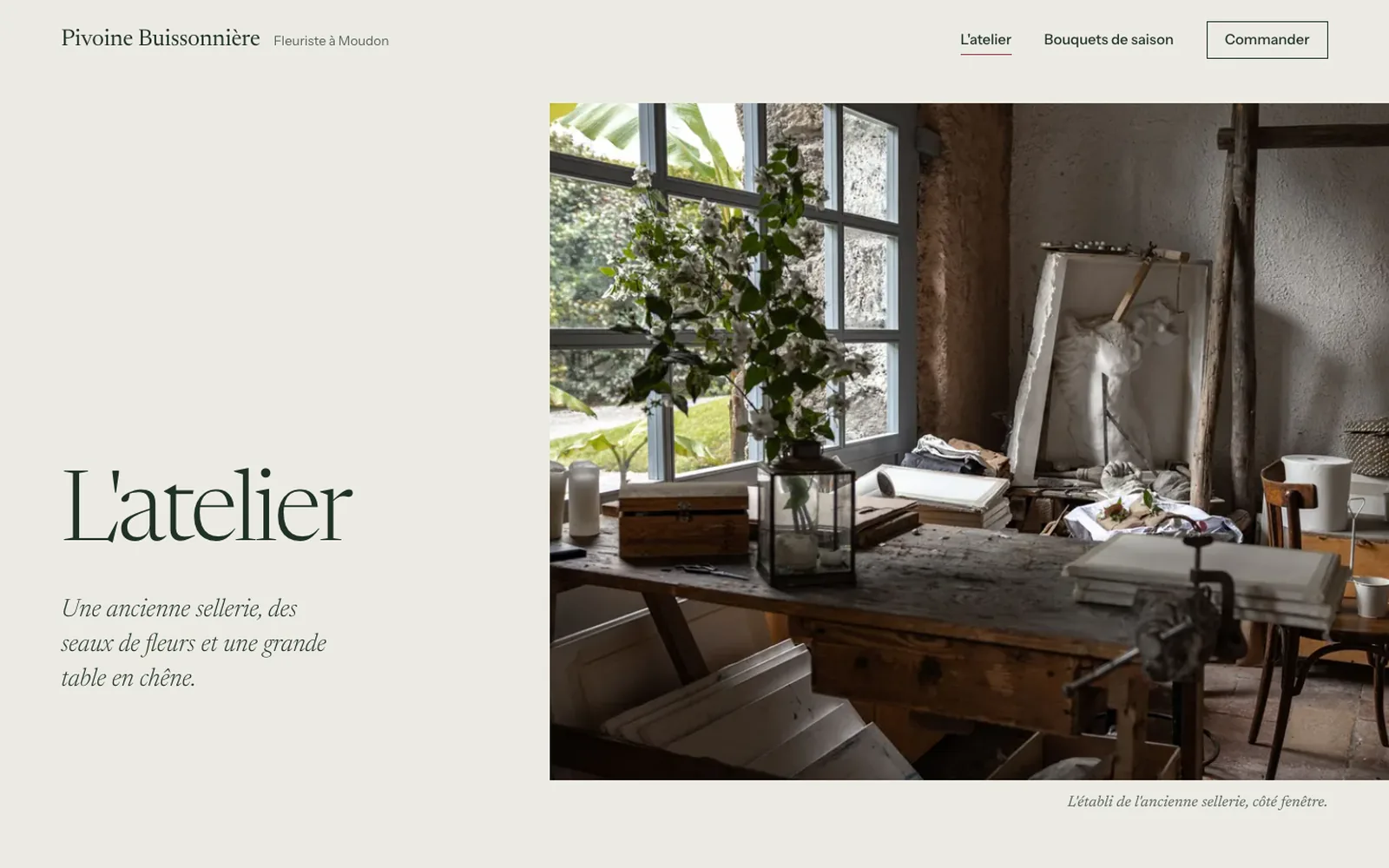 Vue « Présentation » de la refonte de Pivoine Buissonnière, entreprise fictive (fleuriste, Moudon)