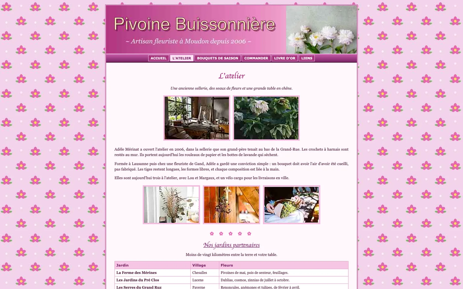 Vue « Présentation » du site d'origine inventé pour Pivoine Buissonnière, entreprise fictive (fleuriste, Moudon)