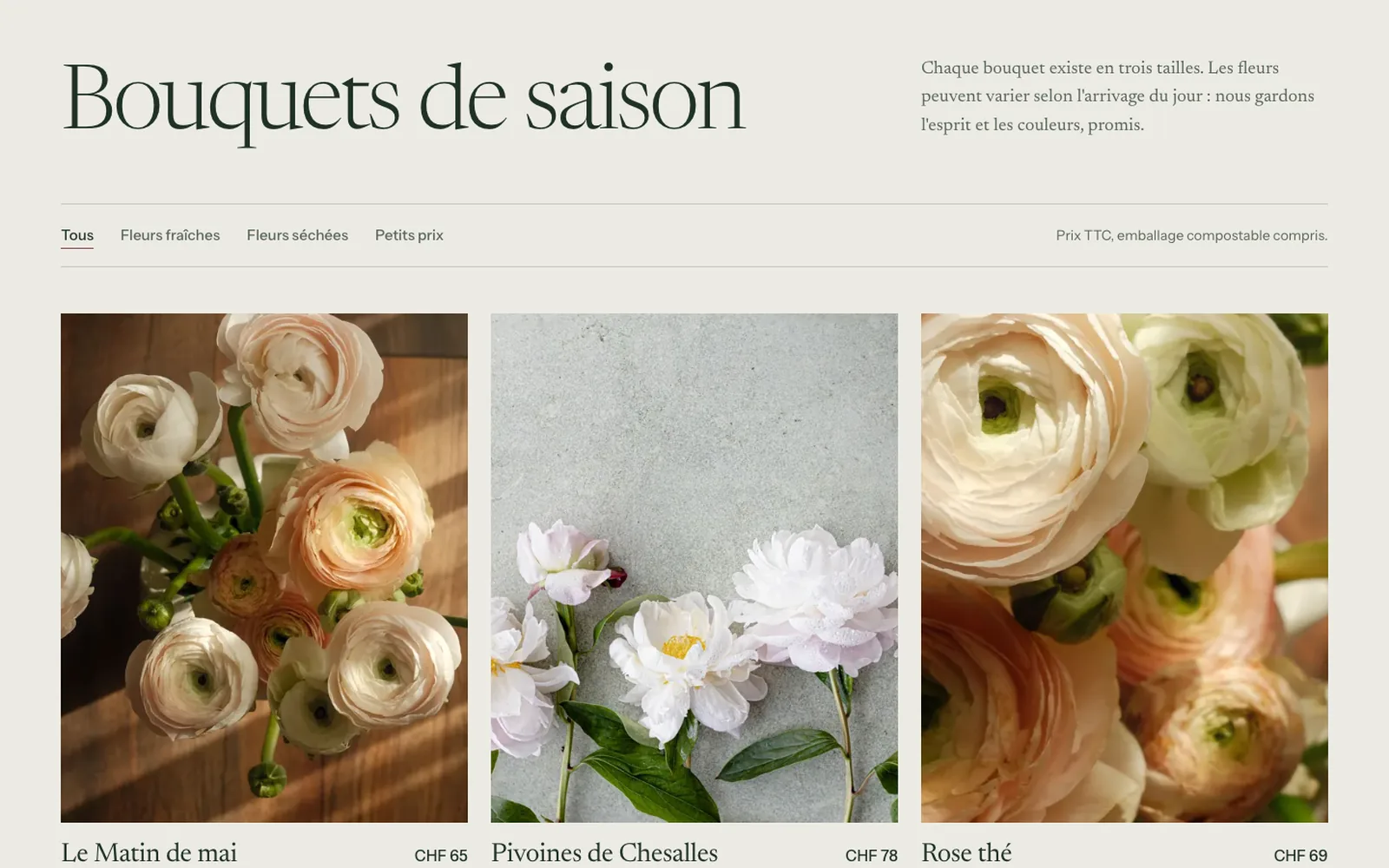 Vue « Bouquets de saison » de la refonte de Pivoine Buissonnière, entreprise fictive (fleuriste, Moudon)