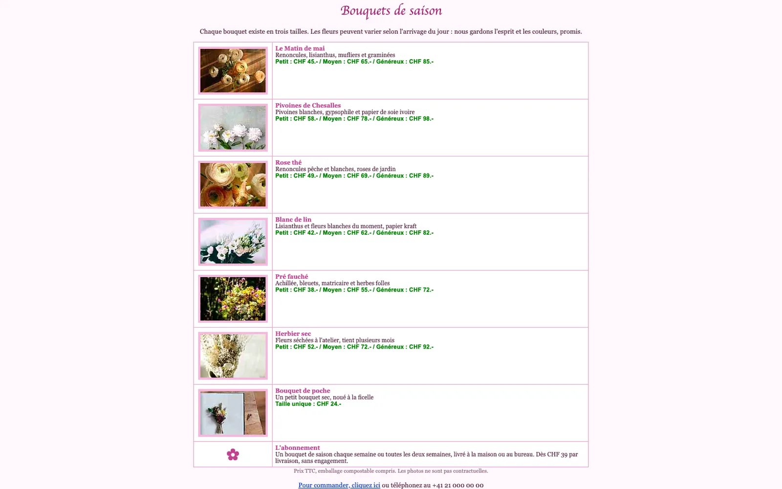 Vue « Bouquets de saison » du site d'origine inventé pour Pivoine Buissonnière, entreprise fictive (fleuriste, Moudon)