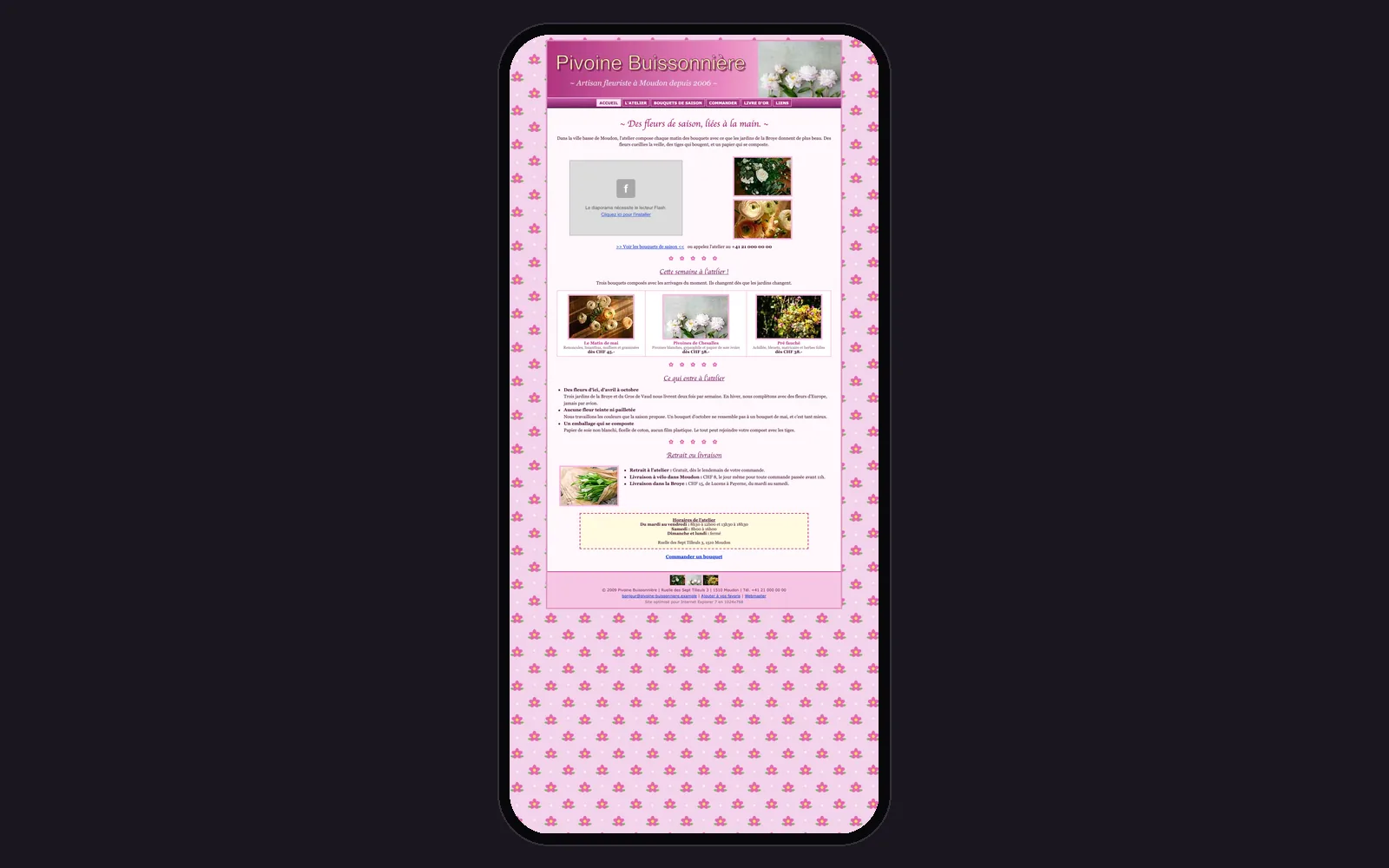 Vue « Accueil sur téléphone » du site d'origine inventé pour Pivoine Buissonnière, entreprise fictive (fleuriste, Moudon), dans un cadre de téléphone