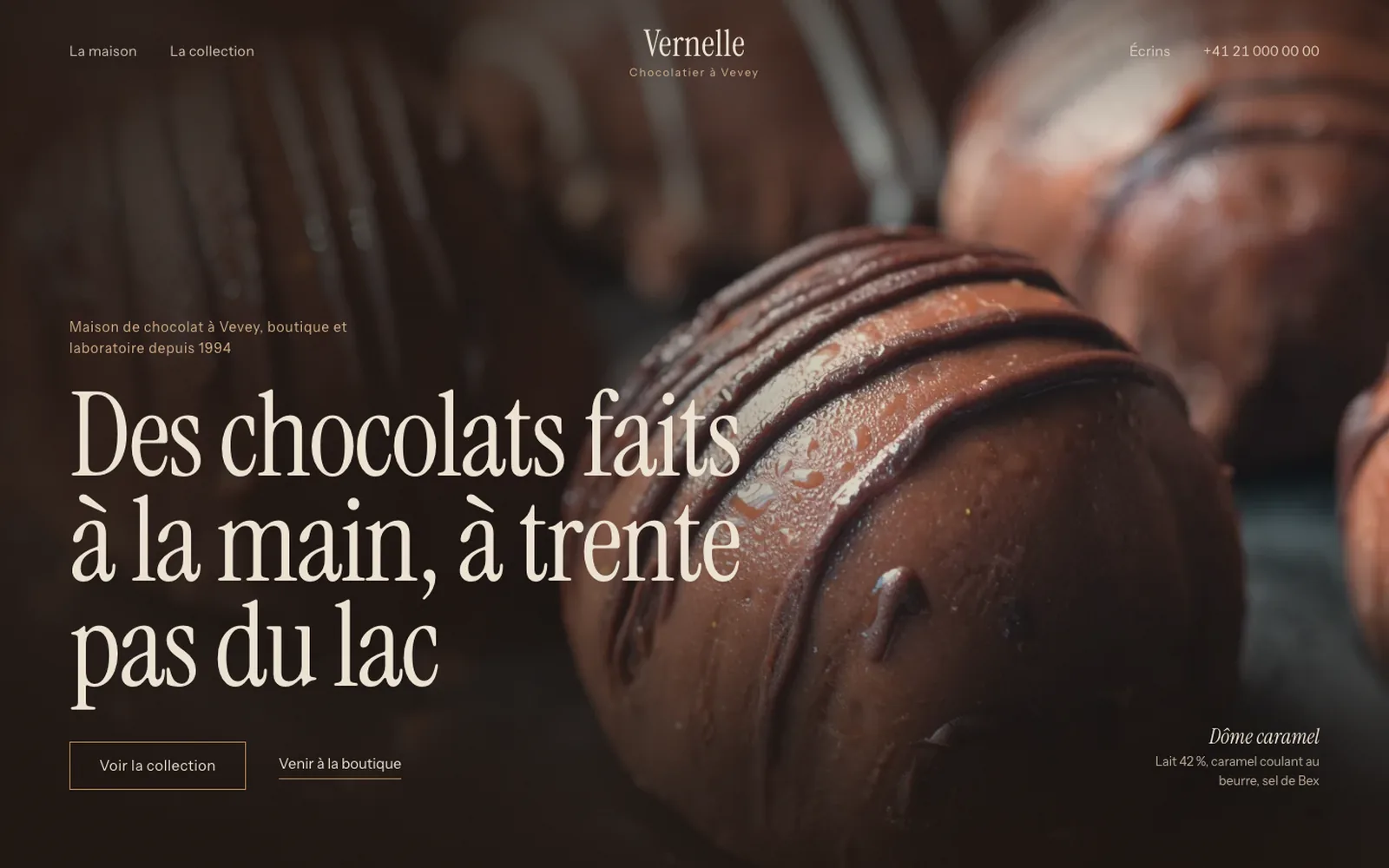Vue « Accueil » de la refonte de Maison Vernelle, entreprise fictive (chocolatier artisan, Vevey)
