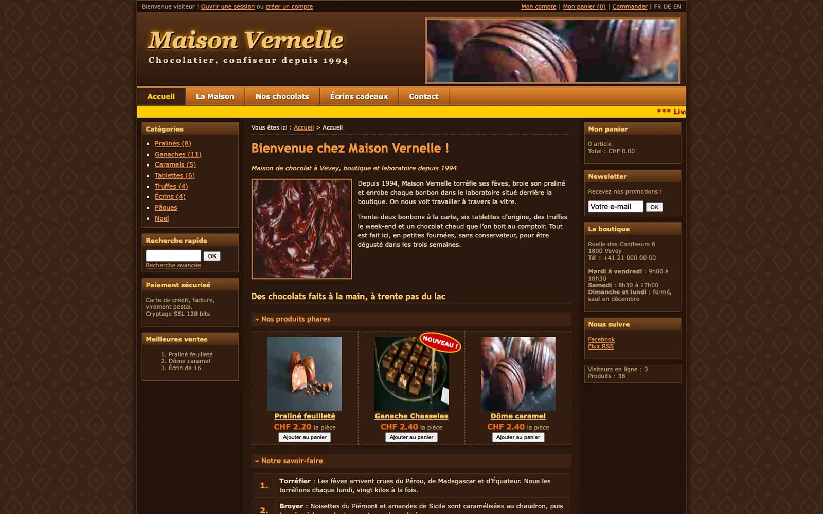 Vue « Accueil » du site d'origine inventé pour Maison Vernelle, entreprise fictive (chocolatier artisan, Vevey)