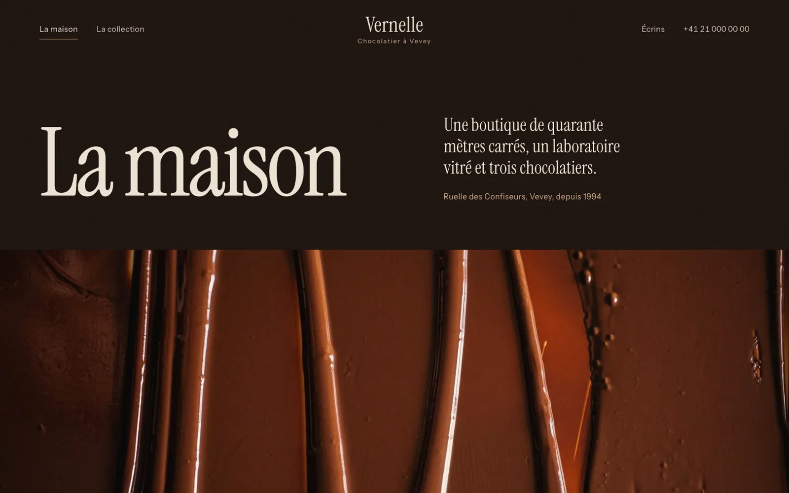 Vue « Présentation » de la refonte de Maison Vernelle, entreprise fictive (chocolatier artisan, Vevey)
