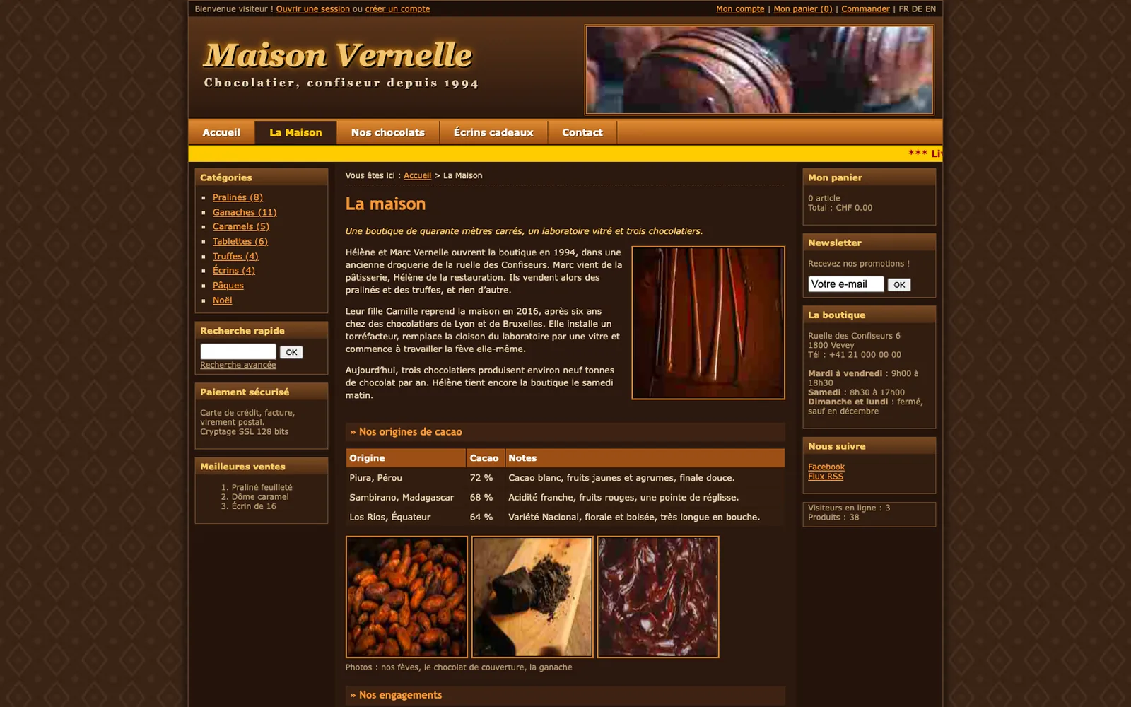 Vue « Présentation » du site d'origine inventé pour Maison Vernelle, entreprise fictive (chocolatier artisan, Vevey)
